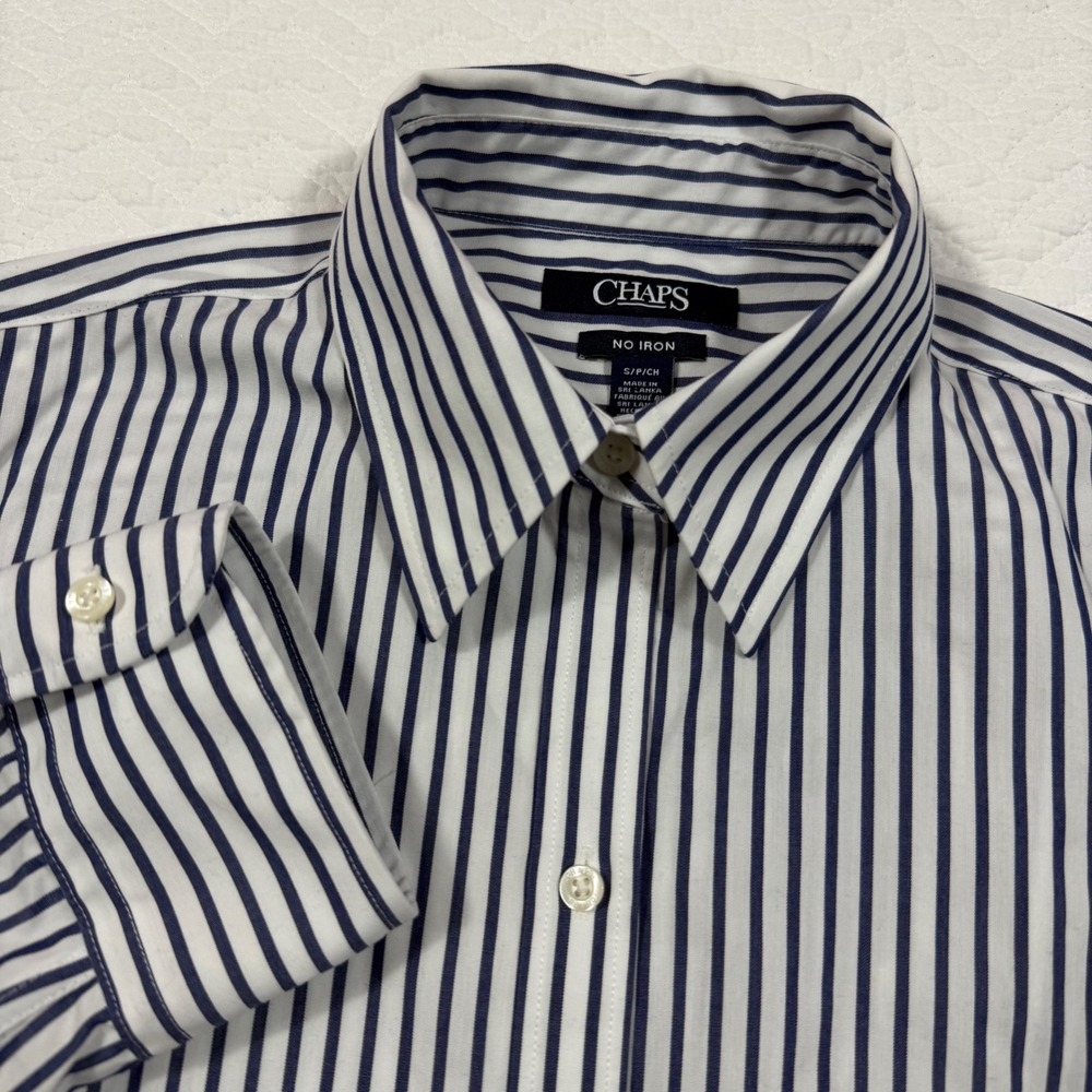 Chaps No Iron Women Button Down Shirt S Striped Navy‎ White 3/4 Sleeve EUC